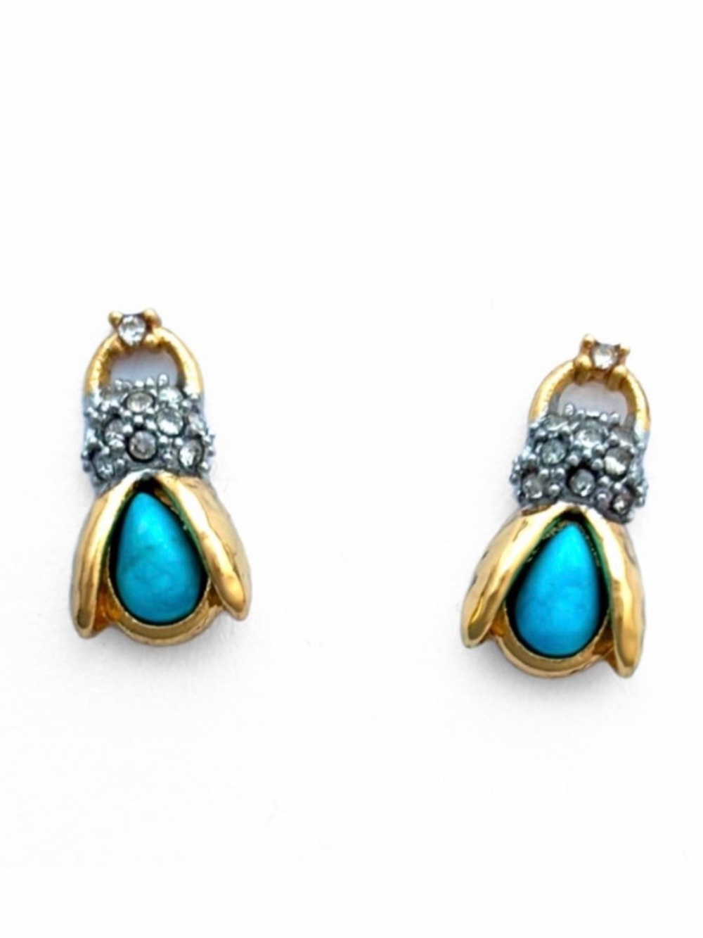NEW Alexis Bittar Pave Crystal Bug Scarab Earrings Turquoise Hammered Gold AU28
